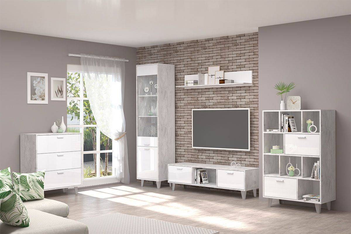 Тумба ТВ Эго Т-3 2-ящика ( на ножках) Бетон светлый/Белый глянец | фото 3