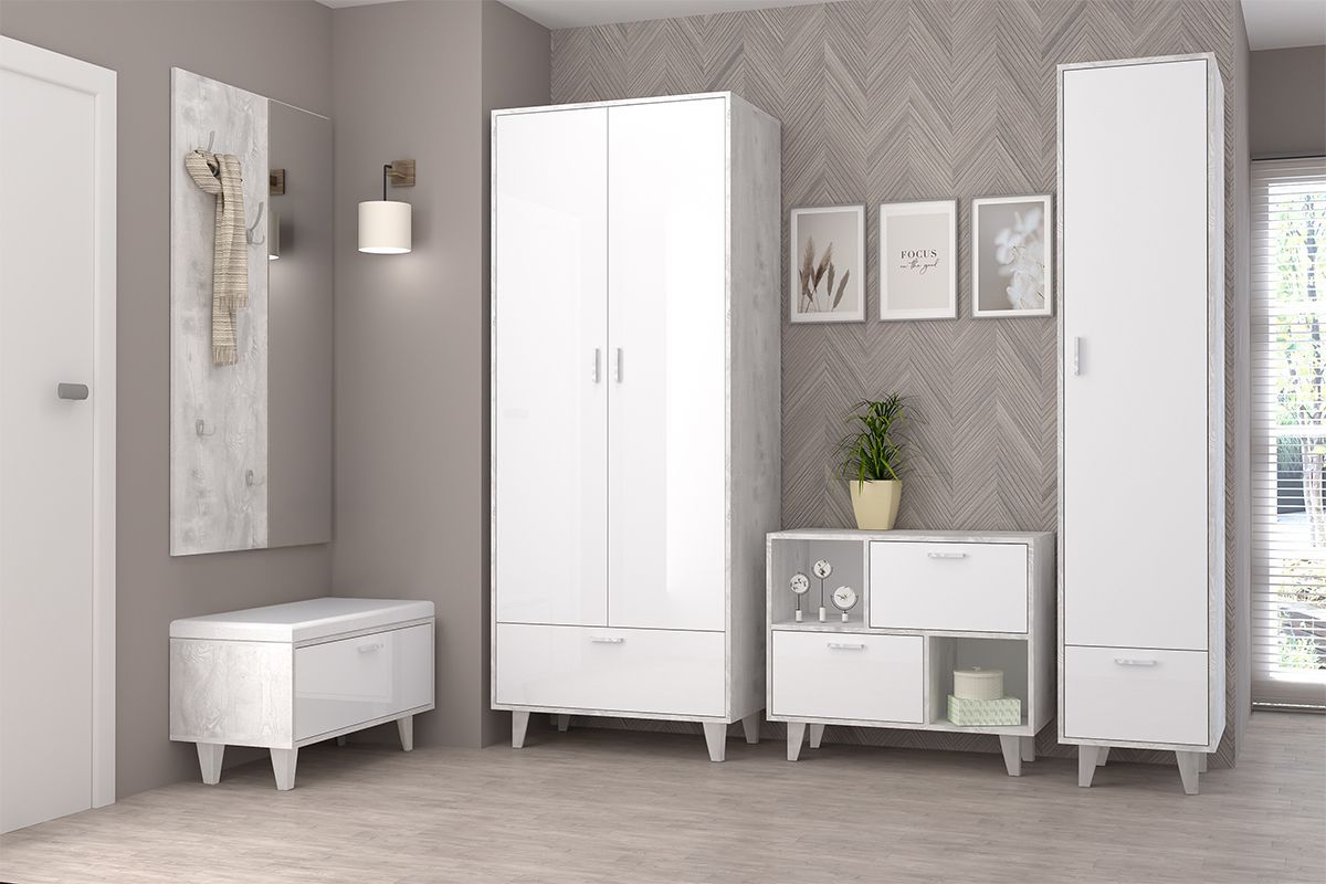 Шкаф Эго ШК-1 2-дверцы 1-ящик (на ножках) Бетон светлый/Белый глянец | фото 3