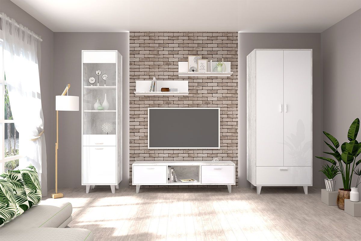 Гостиная  Эго модульная (на ножках) Бетон светлый/Белый глянец | фото 2