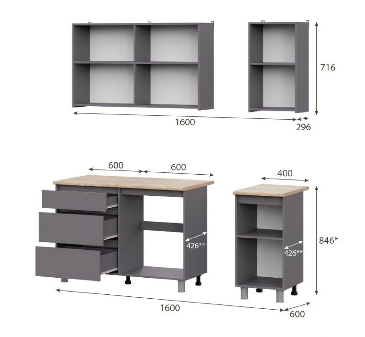 Кухонный гарнитур ДЕНВЕР (1600) Графит серый/Дуб Сонома | фото 2