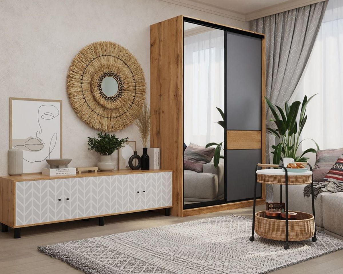 Шкаф-купе SLIM 2-х дверный BS15-6.ZD с зеркалом (дуб вотан/белый/темно-серый/черный муар) | фото 3